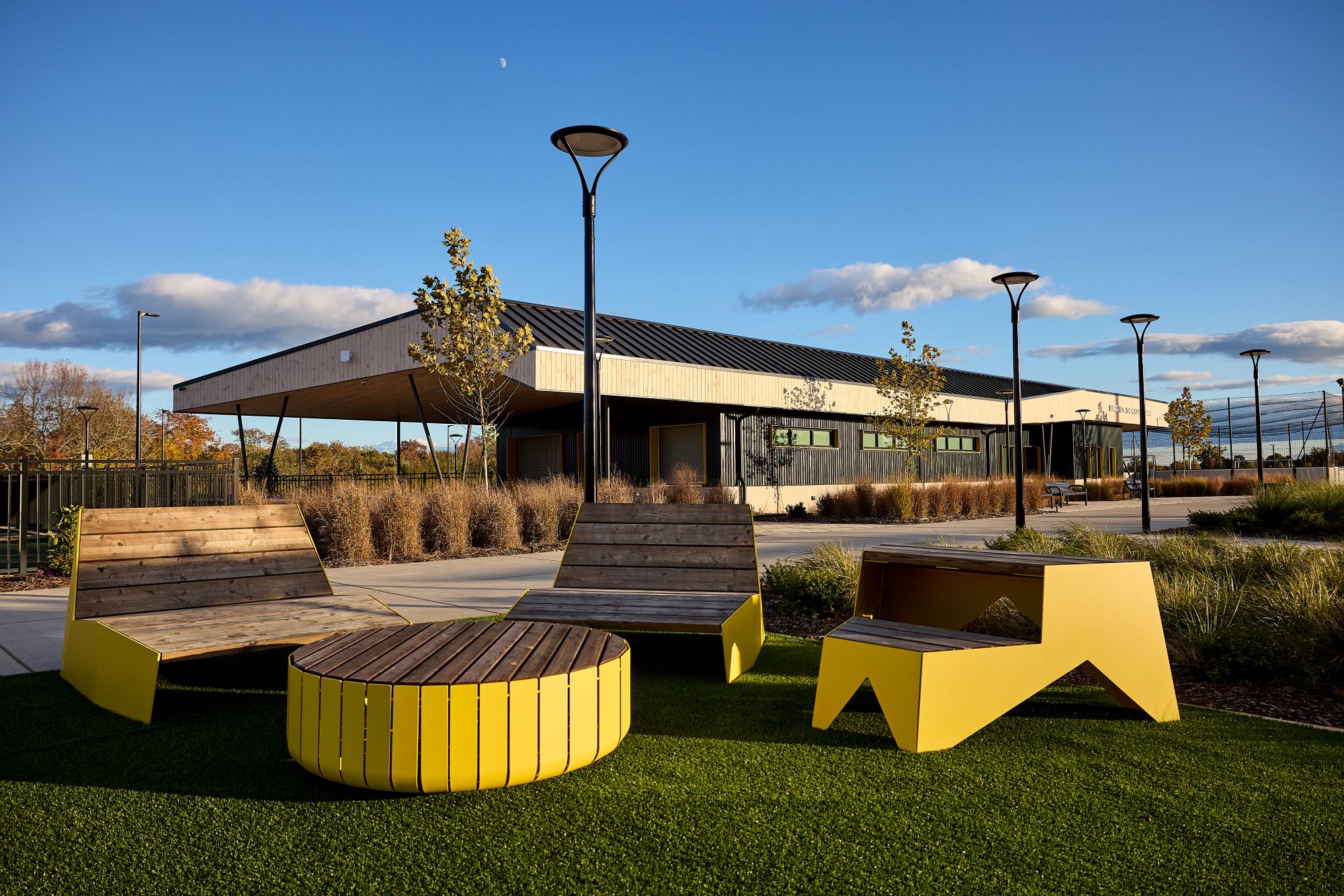 Outdoor seating and Exterior architecture of Legacy Soccer Complex Main Building