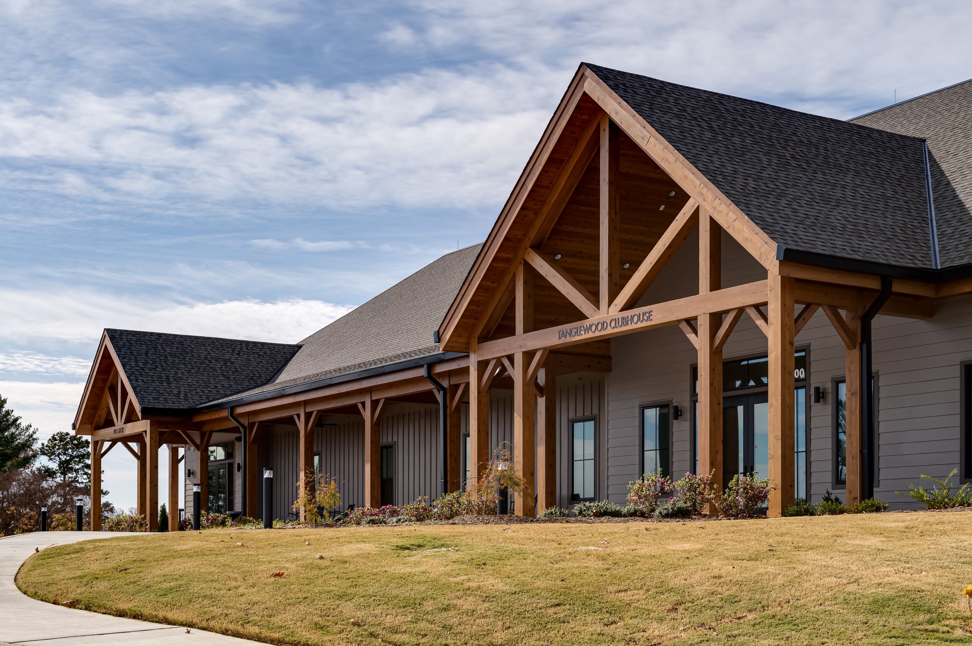Tanglewood Golf Clubhouse exterior two gables with wood beams